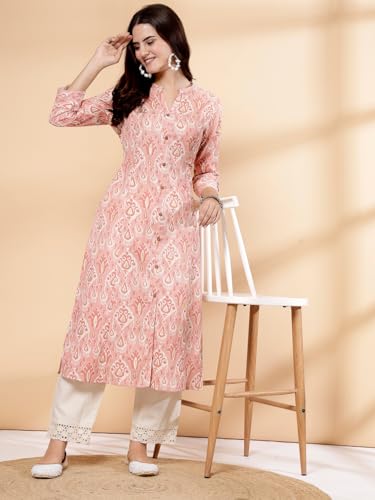 Image of Pistaa's Women's Cotton Regular Fit A Line Floral Print A-Line Regular Kurta