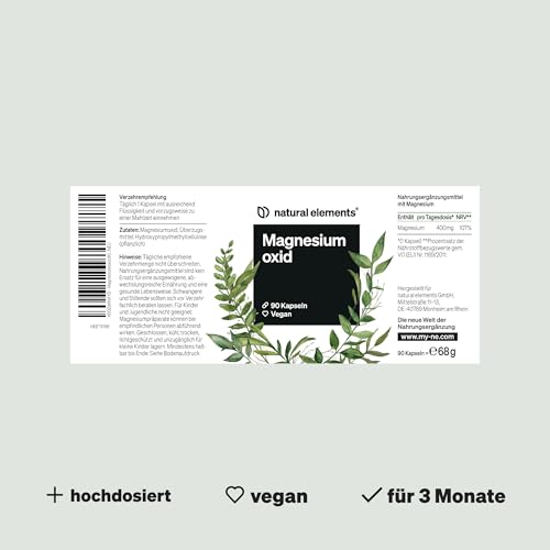 natural elements Magnesium - 365 Kapseln (Jahresvorrat) - 667mg, davon 400mg elementares Magnesium pro Kapsel - Laborgeprüft, hochdosiert, vegan 5