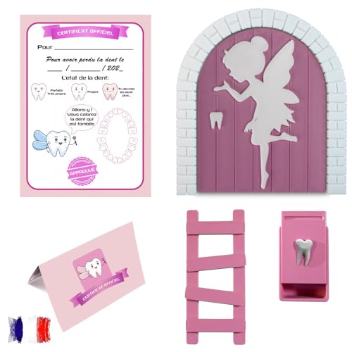 Myfuturshop® Puerta Mágica del Hada de los Dientes - Caja para Diente, Escalera y 4 Certificados de Diente limpio. VERSION FRANCESA ¡Regalo Único para Niño y Niña, Despierta la Magia! (ROSA)