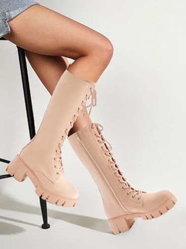 Tinstree Women's Knee-High Boots,Ladies Juniors Suede Chunky Heel Thigh High Over The Knee Boots Thigh High Boots Riding Motorcycle Prime Fashion Chic Cool Beige,8 Zip-Up Mid-Calf Boots Beige,8 #TOP1