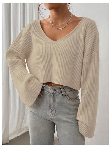 Image of Floerns Women's Long Sleeve Cropped Fall Pullover V Neck Drop Shoulder Rib Knit Sweaters Top