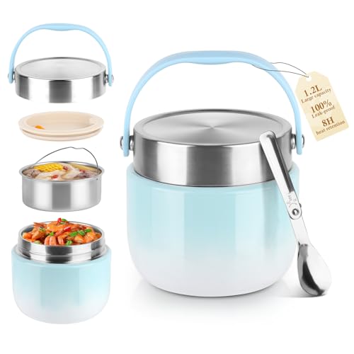 NVIYAM Boîte Repas Isotherme 1200ml, Récipient Isotherme pour Aliments avec Cuillère, Thermos Alimentaire Chaud Anti-Fuites avec Poignée, sans BPA, pour Ecole, Bureau, Camping