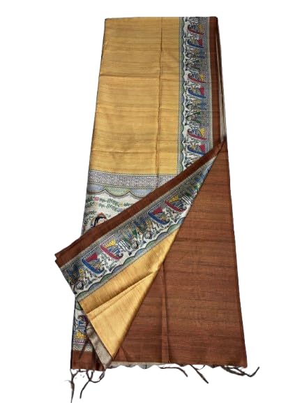 Image of Sanavi's Saree Kuthir Pure Handloom Tussar Ghicha Madhubani Printed Silk Saree with Blouse Piece inside