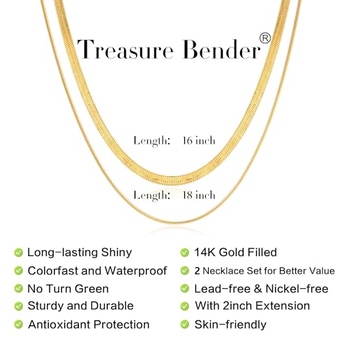 Herringbone Gold Necklace for Women, Non Tarnish 14k Gold Plated Layered Necklaces Simple Dainty Gold Chain Thin Trendy Choker Snake Necklace Gold Jewelry for Women Gift14 /16/ 18inch3