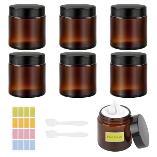 Amber Glas Leerdose,100ml Cremedose zum Befüllen, 6 Stück Salbentiegel mit 2 Spatel und Aufkleber, Leer Nachfüllbare Cremetiegel, Braunen Glasbehälter für Lotion, Creme, Kosmetik