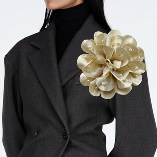 Image of Elegant Large Rose Flower Brooches Lapel Pins Handmade Dainty Satin Fabric Pearl Brooches Big Camellia Flower Brooch Pin for Women Wedding Part Dance Dress Suit Clothes Accessories Prom Jewelry