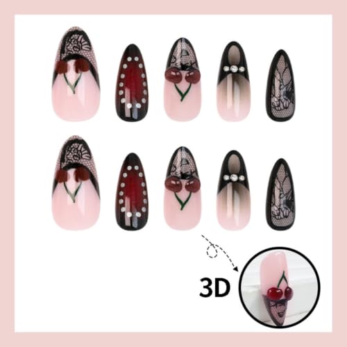 Image of Black Lace Press on Nails French Tip Fake Nails 3D Cherry Nail Press ons | with Red Ombre Design Medium Almond False Nail Reusable Glossy Full Cover Gothic Stick on Nail for Women Manicure 24Pcs
