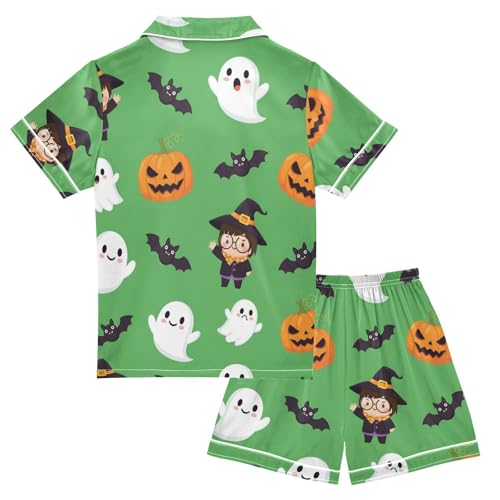 Satin Pajama Sets Short Sleeve Halloween Themed Cute Characters Button Down Silky Nightwear 2 Piece PJS 5-14Y2