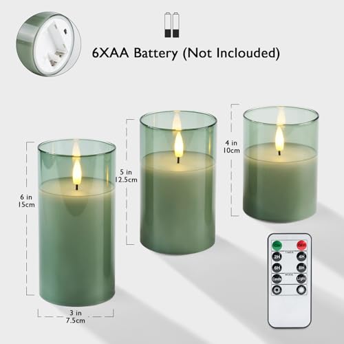 Image of Amagic Green Glass Flameless Candles with Remote and Timer for St. Patrick's Day, Real Wax Battery Operated Candles, Flickering Electric LED Pillar Candles, Home Party Decor, Set of 3