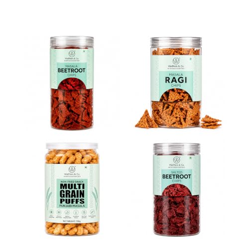 Image of WellNuts & Co. Healthy Snack Combo Pack of 4 |Masala Beetroot Chips - 150g, Masala Ragi Chips - 150g, Multigrain Puffs Punjabi Masala - 200g, Salted Beetroot Chips - 150g| Roasted & Ready to Eat Snacks | High Protein & High Fiber Combo | Snacks for Healthy Everyday