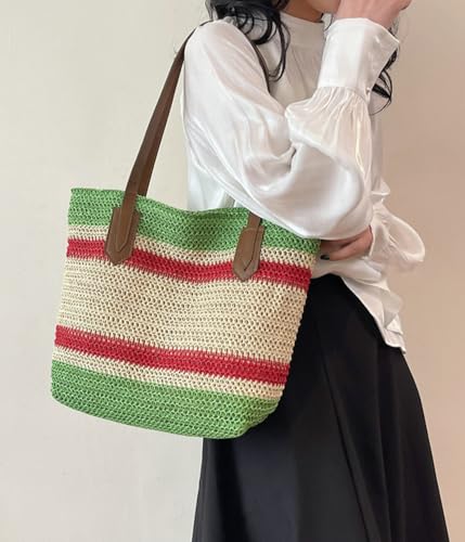 Summer Straw Shoulder Bags for Women Large Straw Beach Bag Color Strip Woven Tote Bags Handbag Woven Tote Bag Purse 20253