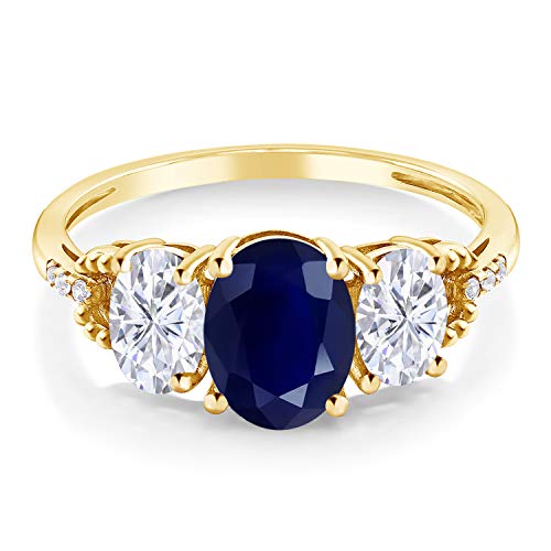 Gem Stone King 2.84 Cttw 10K Yellow Gold Blue Sapphire White Moissanite and Diamond 3-Stone Engagement Ring | Gemstone Birthstone | 3 Stone Wedding Anniversary Promise Ring For Women3