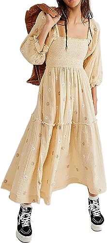 Willow Dance Women Casual Bohemian Floral Dress Square Neck Ruffle Swing A Line Long Sleeve Beach Maxi Dress with Pockets