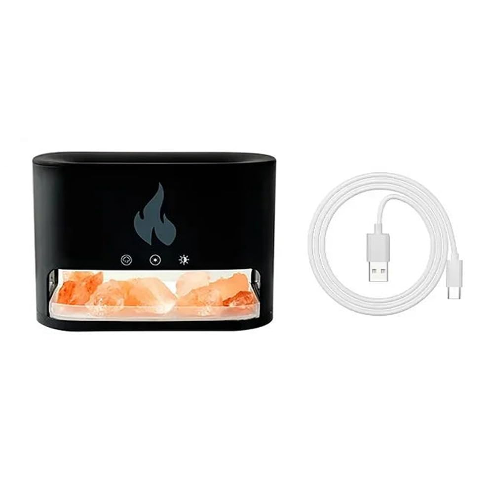 Hndhbfgrt Crystal Salt Rock Fire Lamp Air Humidifier 7 Color Flame Aroma Essential Oil Diffuser Fireplace Black