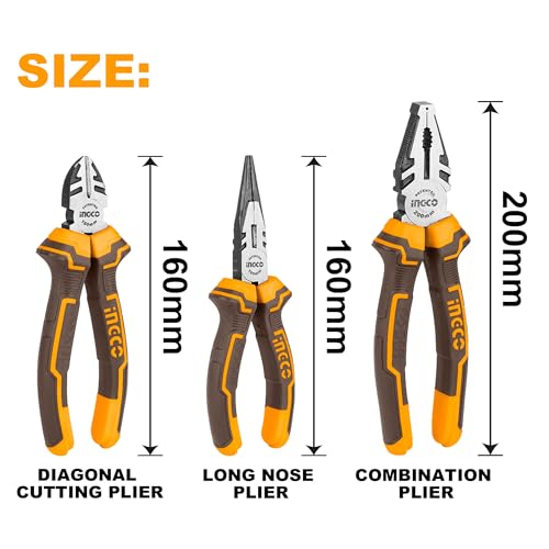 INGCO 3PCS Pliers Set Hand Tools Set, 8" Combination Plier and 6" Diagonal Cutting Plier and 6" Long Nose Pliers 3 INGCO 3PCS Pliers Set Hand Tools Set, 8" Combination Plier and 6" Diagonal Cutting Plier and 6" Long Nose Pliers - Image 3