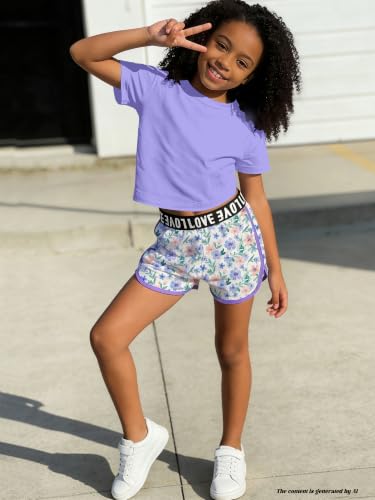 Image of Betusline Girls Summer 2 Piece Outfits,Kids Short Sleeve Crop Top & Shorts Set with Side Pockets