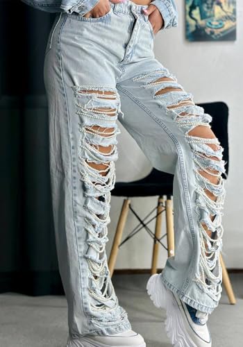 Famnbro Women's Destroyed Ripped Jeans Pearl Wide Straight Leg Denim Pants Distressed Jeans2