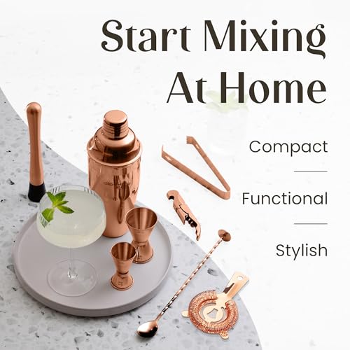 Mixology & Craft 11-Piece Cocktail Shaker Set with Wood Stand | Complete Cocktail Kit Gift Set | Top Bartender Gifts for Men & Women | Leak-Proof Tools (Copper)