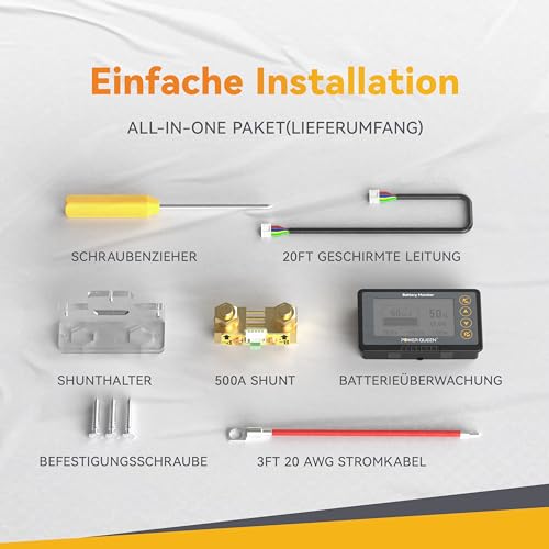Power Queen 500A Batteriemonitor mit Shunt Programmierbarer Alarm 8V-120V Spannungsbereich LCD Anzeige 20ft Geschirmter Draht Kompatibel mit 12V Lithium, LiFePO4, Gel, überfluteten Batterien
