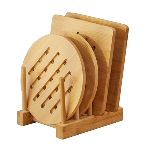 Ghwie 520-CDTZ-4S Bamboo Trivet With Stand -Heat Resistant Pot Holders For Kitchen,Multi-Purpose Hot Pads,Hot Plate Mats,Medium Stove Mat-Air Fryer Accessories And Trivets cover