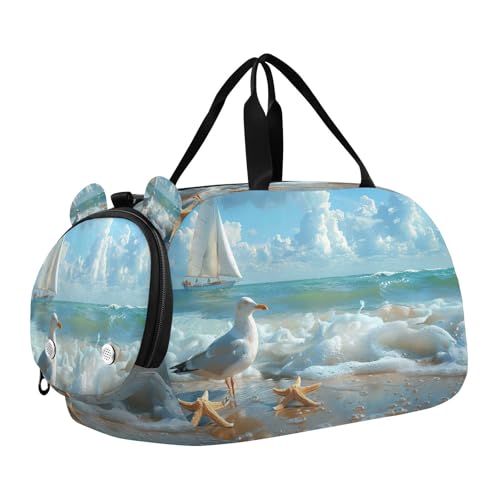 YETTASBIN Sport Travel Duffel Bag for Girls Boys, Seabird Beach Large Waterproof Weekender Overnight Bag, Detachable Shoulder Strap Gym Bag with Shoe Compartment & Wet Pocket