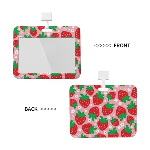 Double-Sided Sliding Cover ID Badge Holder Hard Plastic Case with Clear Window Card Protector Pouch for Office ID Credit Cards Full Screen Strawberry2