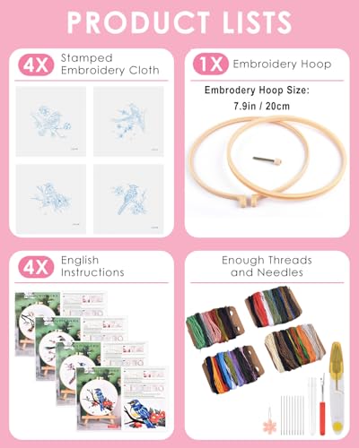 Image of TINDTOP Embroidery Kit for Adults, Flowers and Bird Embroidery Practice Kits for Beginners Adults Include Embroidery Cloth Hoops Threads for Craft Lover Hand Stitch