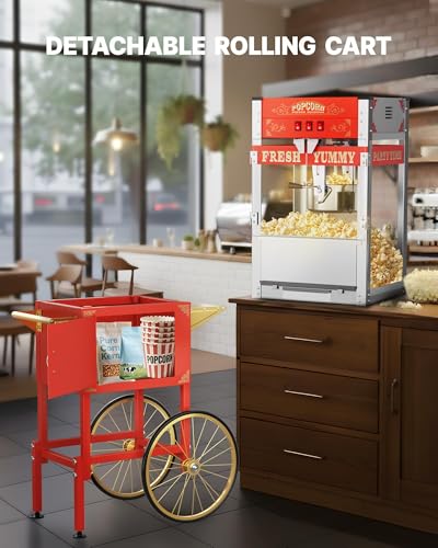 Image of 22 oz Commercial Popcorn Machine with Cart, Large Popcorn Machine Makes Up to 90 Cups, Movie Theater Pop Corn Machine with Easy-Rolling wheels & Stainless-Steel Kettle, Red
