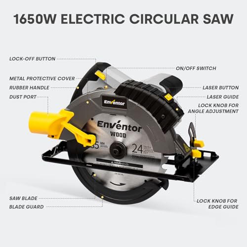 ENVENTOR 1650W Cirkelzaag, 5500 RPM Handcirkelzaag met lasergeleiding, krachtige motor, zaagsnede 62 mm (90°), 46 mm (45°), (zaagbladdiameter: 185 mm, incl. 2x cirkelzaagblad (24T+40T), voor hout - Afbeelding 3