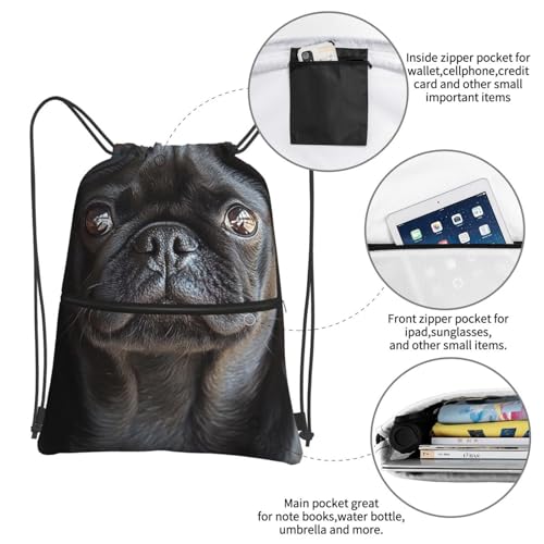 Drawstring Backpack Resistant Sackpack Cute Black Pug Dog Sports Gym Bag String Bag for Women Men3