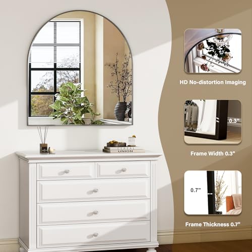 Image of HARRITPURE 26 inchx28 inch Arched Bathroom Mirror, Wall Mounted Mirror, Black Arch Mirror, Aluminum Alloy Frame Wall Mirror for Living Room, Bedroom and Entryway