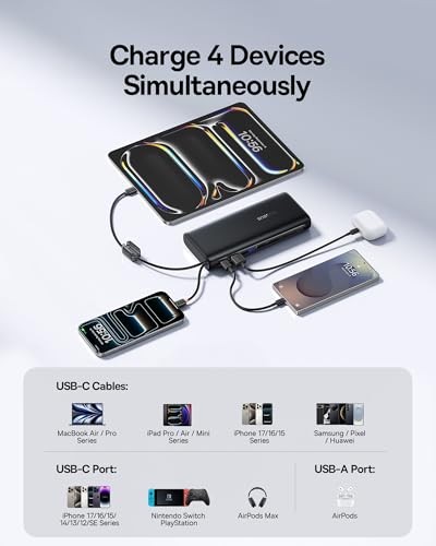 Image of Baseus 25000mAh Power Bank, CCC Certified 145W Laptop Portable Charger with Dual Built-in USB-C Cables, PD3.1 Fast Charging Battery Pack for MacBook Pro /Air,iPhone 17 /16 Series Galaxy S25 /S24