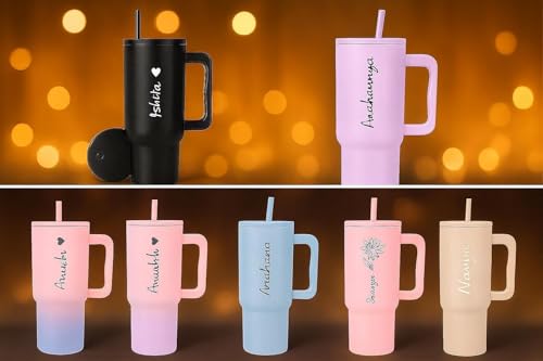 Image of Personalised with Your Name, 1200ml Tumbler with Straw - Handle - Stainless Steel Double Wall Insulated Cup | Leakproof Sipper Mug for Hot - Cold Drinks | Coffee - Water Tumbler (Blue Fower custom)