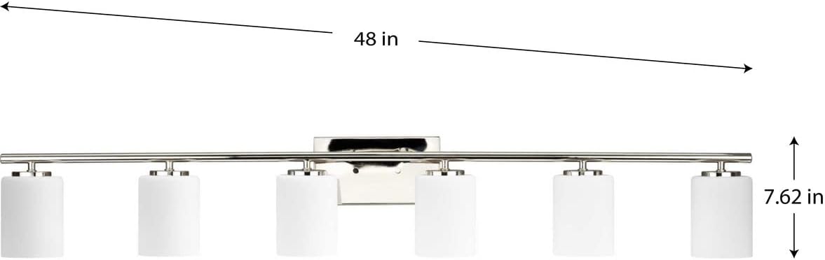 Progress Lighting Replay Collection 6 Light Bathroom Vanity Light, Modern Bath Lighting Fixture with Etched White Glass Shades for Over the Mirror, Reversible Mounting, Polished Nickel