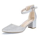 IDIFU Women's IN2 Pedazo Dress Shoes Low Block Heels Comfortable Chunky Closed Toe Ankle Strap Wedding Pumps(Silver Glitter, 7 B(M) US)