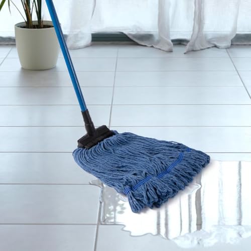 Image of Matthew Large Heavy Duty Mop Head Commercial Replacement for General and Floor Cleaning, Screw-on Wet Industrial Cotton Looped End String Head Refill (Blue Pack of 2) w /Built-in Flexible Bristle Brush