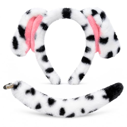 Tedercle 2 Pieces Dalmatian Dog Costume Accessories – Black and White Dog Ears Headband and Tail Clip Set for Halloween, Animal Dress-Up, School Events, and Cosplay