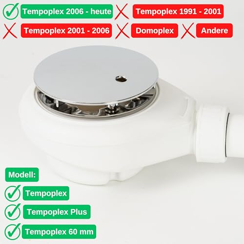 Abdeckhaube Set mit Haarsieb für Duschabfluss, Ø 115 mm, kompatibel mit Viega Tempoplex Ablauf ab Baujahr 2006, verchromter ABS ASA Deckel, weisser Haarfilter, Kappe Dusche Abfluss, Garnitur Abdeckung