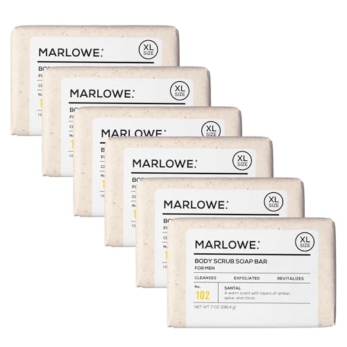 Image of MARLOWE. Body Scrub Soap, Exfoliating Soap Bar, Santal, 7 oz (6 Bars) | Scrub Soap Bar that deeply cleanses and exfoliates while buffing away rough, dry skin. Warm Santal scent.