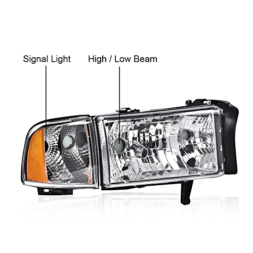 G-Plus Headlight Lamps Compatible With 1994-2001 Dodge Ram 1500/1994-2002 Dodge Ram 2500 3500 Clear Lens Chrome Housing Amber Reflector #TOP2