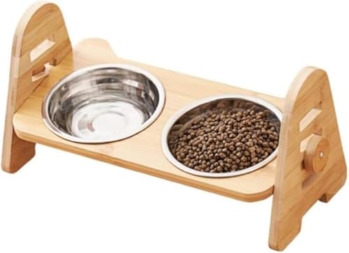 AOBOPO 高度調整竹製ペット食器台 セラミック(陶)フードボウル付き 猫・小型犬用 滑り止め設計 皿スタンド兼ねこご飯台 ネコボウル・小型犬フードボウルに最適 ねこ給食・ペットご飯台 竹製の温かみデザイン 衛生的易洗浄 家庭用ペットケアに適合