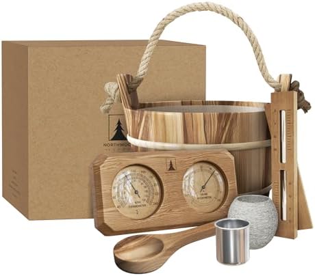 Northwood Sauna - Sauna Accessories Kit - Handmade from Canadian Red Cedar Wood - Core Set (Bucket & Ladle, Thermometer & Hygrometer, Sand Timer, Aromatherapy Cup)