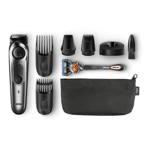 Braun BT7040 Regolabarba Uomo Elettrico, Tagliacapelli, Rifinitore di Precisione e Mini Rasoio a Lamina, Lame Affilate in Metallo, Rasoio Gillette Fusion5 ProGlide, Base di Ricarica, Nero/Grigio