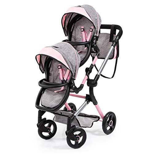 Bayer Design 26233AA Dolls Twin Pram, carriage, adjustable handle, foldable, bag, integrated shopping basket