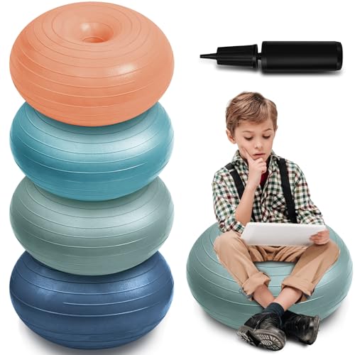 Image of Lewtemi 4 Pcs Flexible Seating for Classroom Elementary, 20'' Yoga Inflatable Ball Chair for Kids, Wobble Chair Donut Ball Chairs with Inflator for Student Sensory Balance Exercise (Morandi Color)