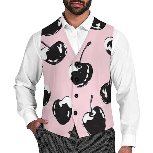 Black Cherries Cow Print Casual Suit Vest for Men Formal Business Dress Regular Fit Waistcoat Tuxedo