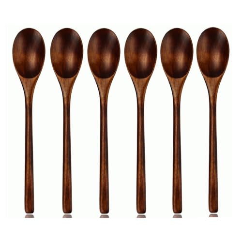Wooden Spoons for Eating 6 Pieces Japanese Natural Plant Ellipse Wooden Ladle Spoon Set for Cooking Mixing Stirring Honey Tea Soda Dessert Coconut Bowl Nonstick Pots Kitchen