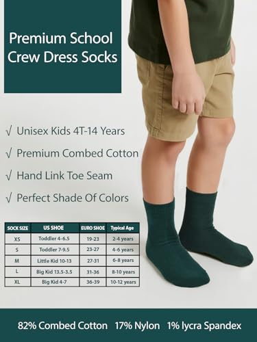 Image of COTTON DAY Unisex Kids Youth Boys Girls Soft Cotton School Crew Dress Socks Seamless Toe Black White Gray Navy 6 Pack