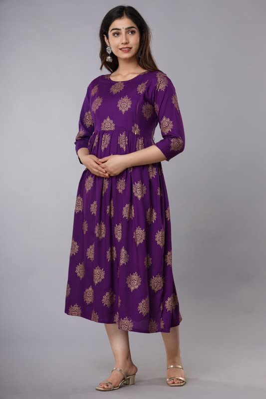 Image of Vinny's Creation Women's Cotton Maternity Kurti | Floral Printed Feeding Kurta with Hidden Zipper | Stylish Pregnancy Gown & Nursing Dress for Womens