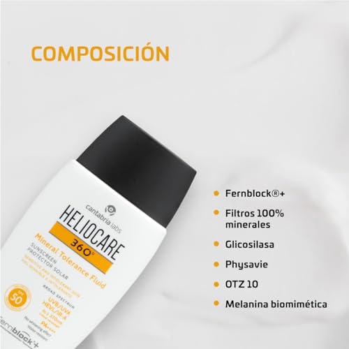 Heliocare 360º Mineral Tolerance Fluid SPF 50 - Crema Solar Facial, Fotoprotector Avanzado, Textura Ligera, Sin Efecto Blanqueante, Filtros 100% Minerales, 50ml - Imagen 4